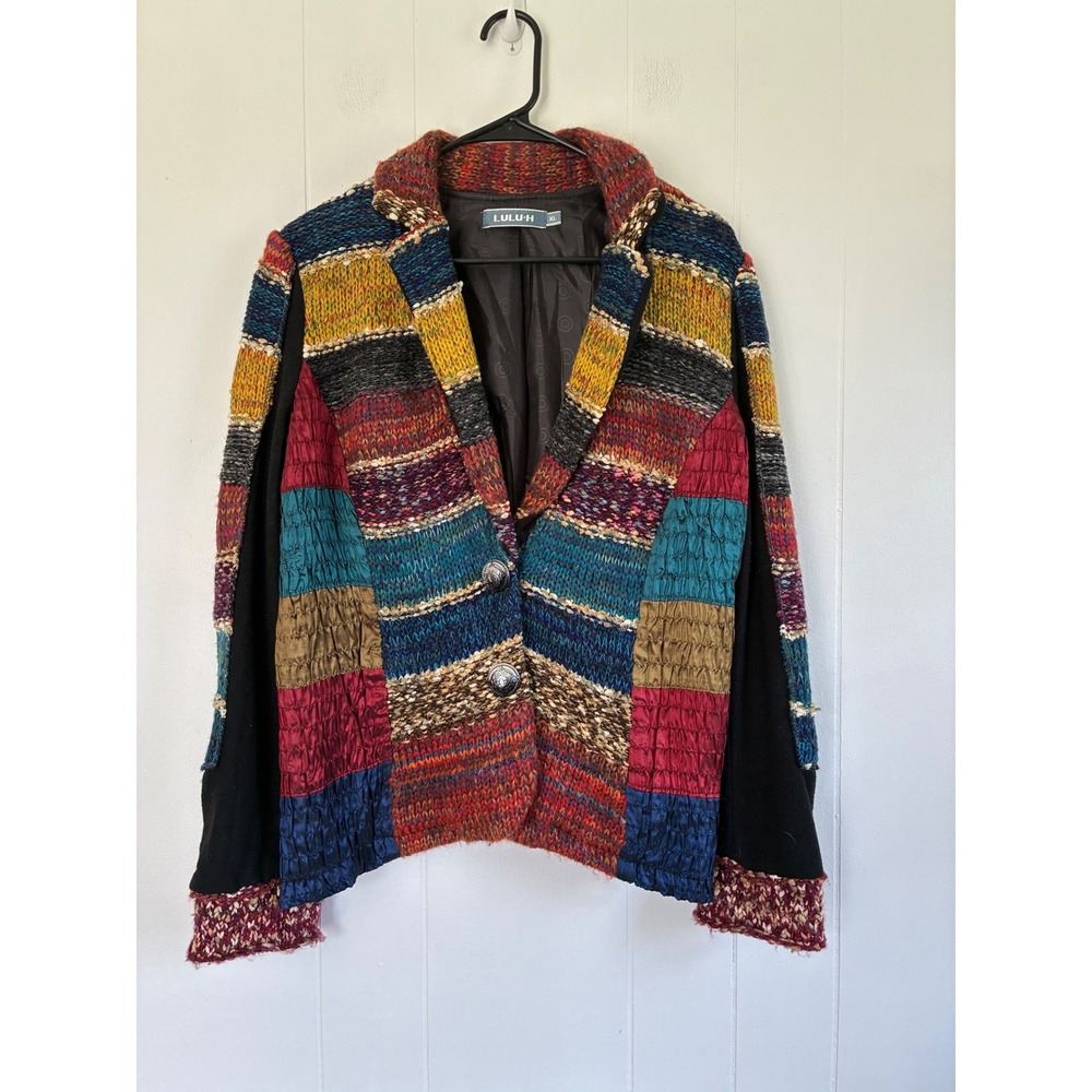 Lulu-H Womens XL Mixed Media Patchwork Knit Blazer Wool Blend Striped Multicolor